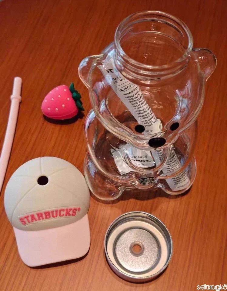 Starbucks Bearista Bear Cup Tumbler with Strawberry Topper & Baseball Cap – New