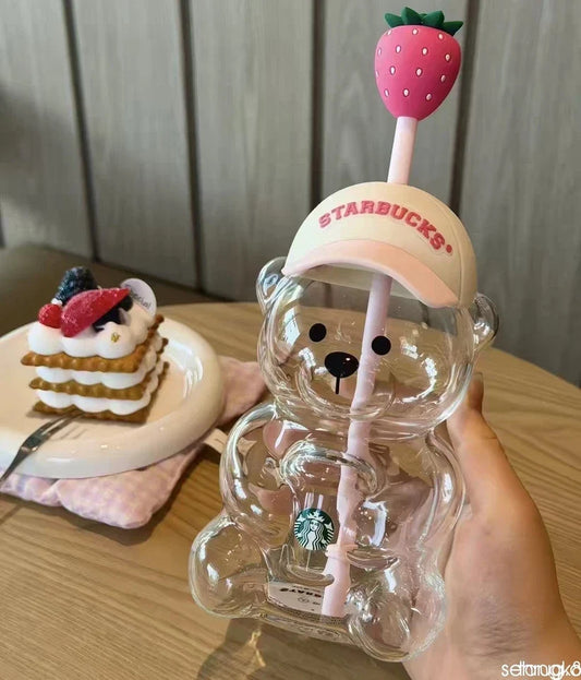 Starbucks Bearista Bear Cup Tumbler with Strawberry Topper & Baseball Cap – New